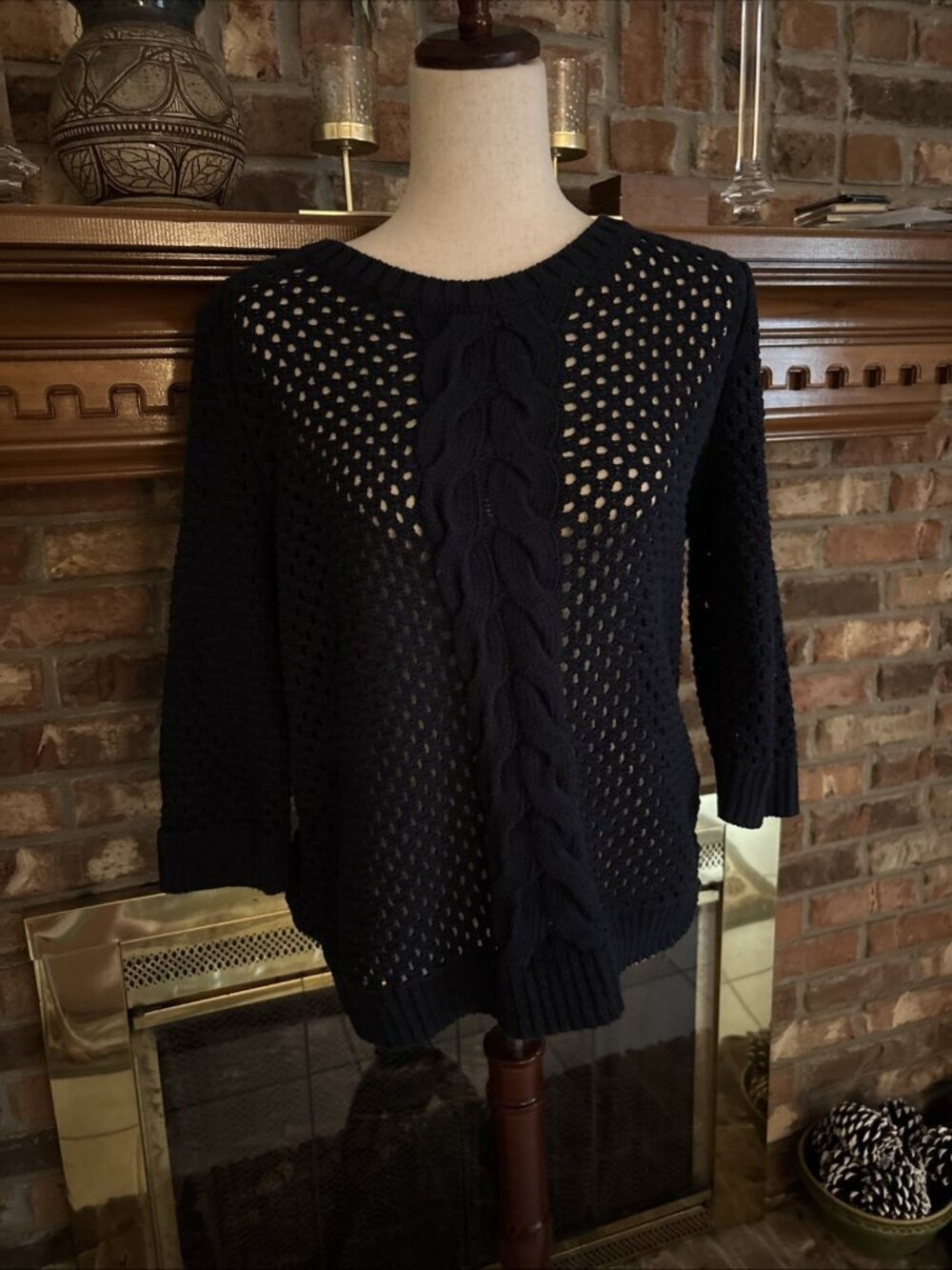 J Jill Navy Crochet Sweater Size Large Sheer 100% Cotton
